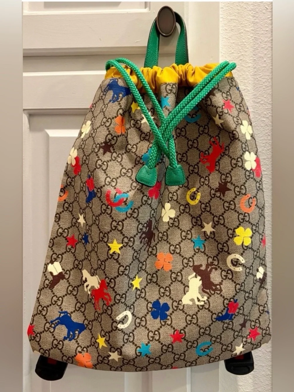 EUC! GUCCI Kids Beige GG Canvas Backpack with Yellow Trim & Multicolor Icons🐴⭐️
